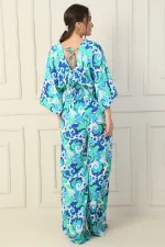 Two-Piece Set of Palazzo Pants with Elastic Waist, Pockets, Front and Back V-Neck, Crop Top, and Ethnic Pattern.