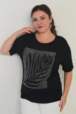 Women's Short Batwing Sleeve Plus Size Blouse with Stone Details and Rose Pattern, Lycra