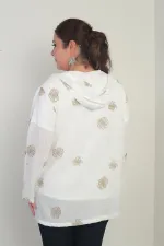 Veste à capuche avec poches plaquées, broderie spirale pailletée, délavée, fermeture éclair, grandes tailles