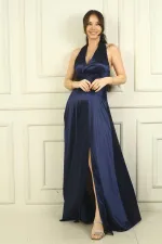 Kadın V Yaka Sırt Dekolteli Üstü Piliseli Örme Saten Uzun Elbise