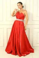 Kadın Straplez Arkadan Bağcıklı Kemeri Taşlı Astarlı Pileli Saten Tam Daire Kloş Elbise