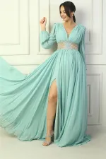 Robe de soirée longue en mousseline de soie avec col en V et taille brodée pour femme