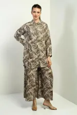 Women's Side Slit Tunic Shirt, Elastic Waist Pocketed Palazzo Pants, Leaf Pattern Oversize 2-Piece Set