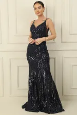 Kadın İp Askılı Boncuk Ve Pul Şal Desenli Astarlı Geniş Beden Aralıklı Uzun Balık Elbise