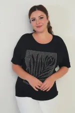 Women's Short Batwing Sleeve Plus Size Blouse with Stone Details and Rose Pattern, Lycra