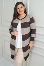 Kadın Enine Kalın Çizgili Büyük Beden Hırka