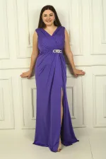 Kadın V Yaka Beli Tokalı Drapeli Astarlı Önü Yırtmaçlı Likralı Sandy Büyük Beden Uzun Elbise