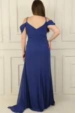 Kadın Taş Detay Askılı Düşük Kol Yanı Mendil Yırmaçlı Askılı Büyük Beden Şifon Uzun Elbise