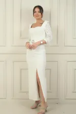 Robe longue fendue en crêpe pour femme, décolleté en cœur, taille à boucle, manches brodées de pierres