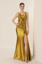 Robe longue en satin, drapée, à volants, doublée, taille large