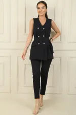 6-Button Vest with Faux Pockets and Belt, Elastic Waist Slim-Fit Trousers - 2-Piece Set