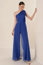 Pulpayet Yaka Tek Omuzlu Üstü Şifon Krep Tulum