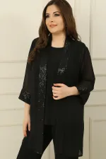 Ensemble 2 pièces veste en mousseline de soie à col châle et paillettes avec chemisier sans manches, grande taille