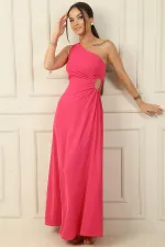 Women's One-Shoulder Long Crepe Satin Dress with Side Window Detail