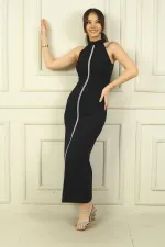 Kadın Halter Yaka Önü Yırtmaçlı Ortası Taş Şeritli Uzun Krep Elbise