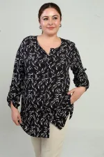 Chemise longue grande taille à col rond et manches repliées à motif de feuilles pour femme