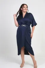 Women's Wrap Neck Short Batwing Sleeve Double Pleated Crepe Satin Plus Size Midi Designer Dress