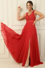 Ön Arka V Yaka Üst Boncuklu Çiçek Motifli Astarlı Uzun Şifon Abiye Elbise