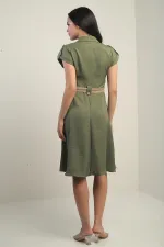 Women's Collared, Off-Shoulder, Double-Pocket, Belted Linen-Effect Dress