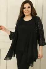 Ensemble 2 pièces pour femme : chemisier sans manches et veste à sequins en mousseline à col châle, grandes tailles.