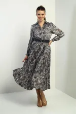 Women's Half-Front Button-Down Belted Lined Snake Pattern Pleated Midi Satin Dress