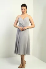 Women's Strappy Wrap Neckline Lined Lace-Up Back Flared Chiffon Dress