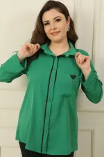 Önü Metal Düğmeli Tek Cepli Truvakar Kol Deri Detaylı Büyük Beden Gömlek