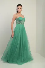 Kadın İp Askılı astarlı Göğüs Pliseli Boncuk İşlemeli Uzun Prenses Elbise