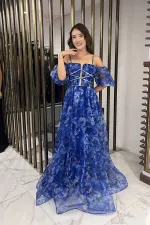 Robe longue en organza floral à fines bretelles et manches basses pour femme, doublée sur le devant, avec passepoil détaillé