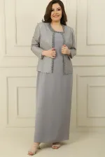 Robe longue en crêpe avec col et doublure ornés, veste à sequins, ensemble 2 pièces grande taille