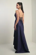 Women's Long Satin Dress with Rope Straps and Lace-Up Back and Lining