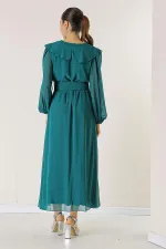 Yakası Volanlı Bantlı Beli Kemerli Astarlı Şifon Elbise