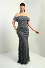 Women's Madonna Collar Lined Tulle Beaded and Sequined Long Evening Dress