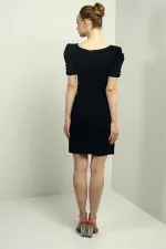 Women's Boat Neck Dress with Buttoned Sleeves, Pleated, and Zipper Back