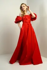 Women's Low Balloon Sleeves Lined Satin Flared Pocket Long Dress