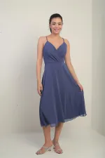 Kadın İp Askılı Kruvaze Yaka Astarlı Arkası Bağcıklı Kloş Şifon Elbise