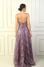 İp Askılı Boncuk Detaylı Astarlı Pul Ve Simli Balenli Uzun Elbise