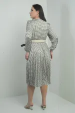 Women's Wrap Neckline Belted Lined Patterned Pleated Midi Satin BB Dress