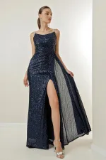 Robe longue à sequins avec bretelles en corde, drapée sur le devant, doublée et fendue