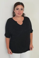 Kadın Yakası Zincirli Kısa Yarasa Kollu Taşlı Likralı Büyük Beden Bluz