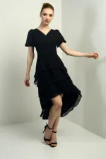 Kadın Kruvaze Yaka Arkası Fermuarlı Katkat Pileli Şifon Elbise