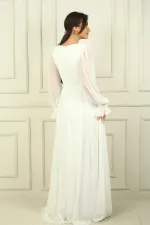 Kadın V Yaka Beli Tokalı Astarlı Şifon Uzun Abiye Elbise