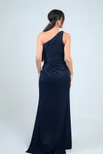 Women's One-Shoulder Side-Seam Draped Lined Lycra Glitter Long Dress