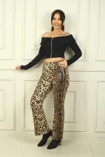 Pantalon léopard à sequins, taille élastique et demi-doublure, évasé, pour femme