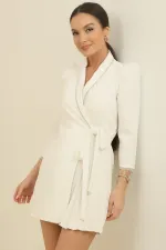 Shoulder Padded, Half Lined, One Side Pleated, Sleeve Chain Detailed Dress