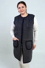 Women's Front Zippered Houndstooth Pattern Plus Size Pocket Knitwear Long Vest