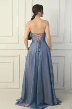 Robe de soirée longue sans bretelles pour femme, boutonnée sur le devant, lacée dans le dos, jupe à volants