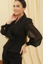 Double-breasted, lined jacket with chiffon sleeves and bead detail, elasticated waist trousers - 2-piece set.