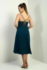 Women's Strappy Wrap Neckline Lined Lace-Up Back Flared Chiffon Dress