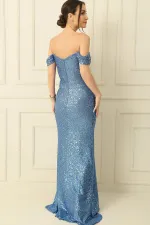 Thick Straped Lined Front Pleated Sequin Long Dress